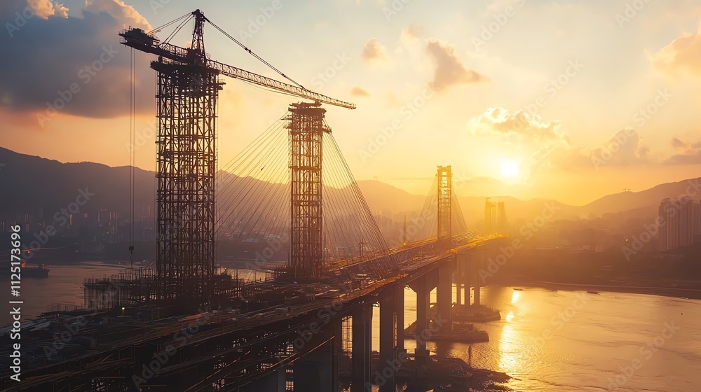 A stunning sunset over a construction site with cranes silhouetted against the sky. A stunning sunset over a construction site with cranes silhouetted against the sky.