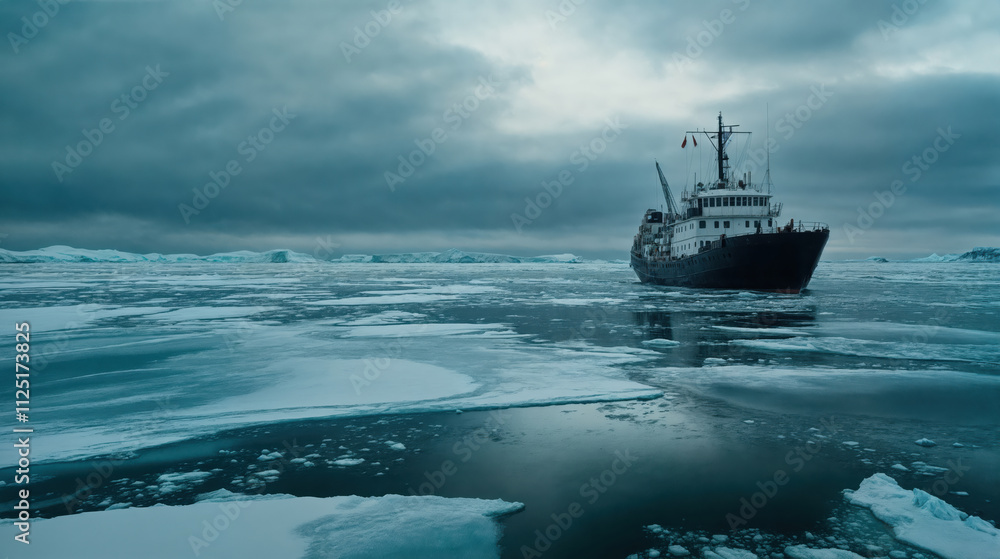 Ship navigating through icy waters in a snowy, arctic environment. The scene is characterized by a dark, cloudy sky and expansive ice fields, creating a serene yet harsh landscape. Ship navigating through icy waters in a snowy, arctic environment. The scene is characterized by a dark, cloudy sky and expansive ice fields, creating a serene yet harsh landscape.
