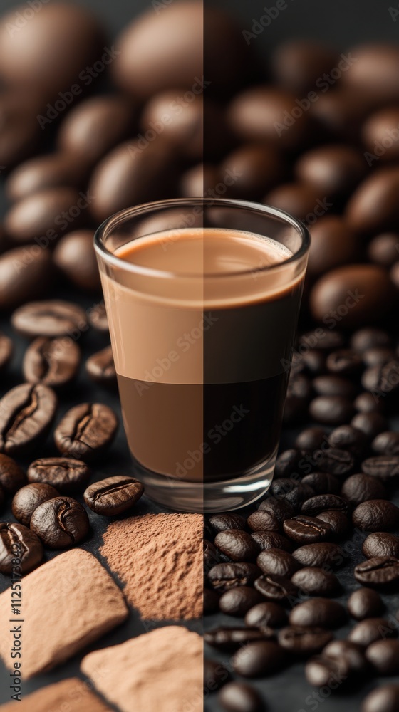 Glass of coffee surrounded by coffee beans and cocoa powder on a textured surface Glass of coffee surrounded by coffee beans and cocoa powder on a textured surface