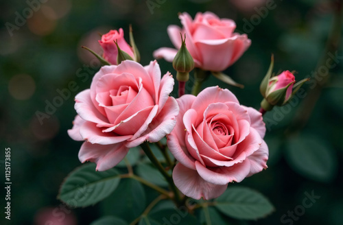 Bush large pink roses, blooming flower outside garden, close-up. AI Generative