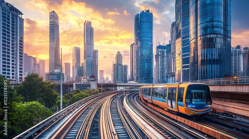 Fototapeta premium A vibrant city sunset with a train gliding through modern skyscrapers.