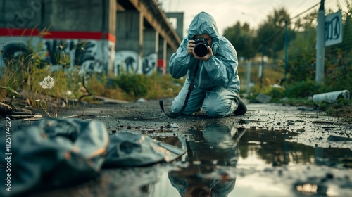 Wallpaper Mural Full length portrait of woman wearing protective suit and taking photographs at crime scene outdoors, copy space Torontodigital.ca