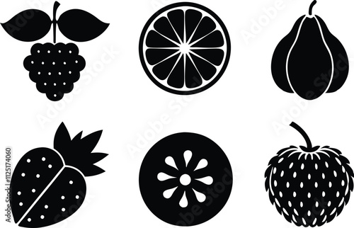 6 Vector Silhouette Fruits Icon Set - Minimalist Fruit Clipart Collection