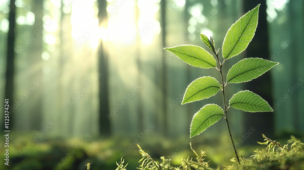 Obraz premium forestry industry concept. A single green plant with dew in a sunlit forest setting.