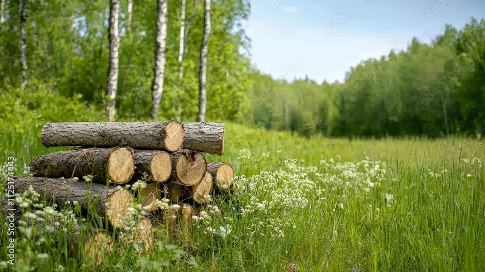 forestry industry concept. Stacked logs in a lush green meadow surrounded by trees and wildflowers under a clear blue sky. forestry industry concept. Stacked logs in a lush green meadow surrounded by trees and wildflowers under a clear blue sky.