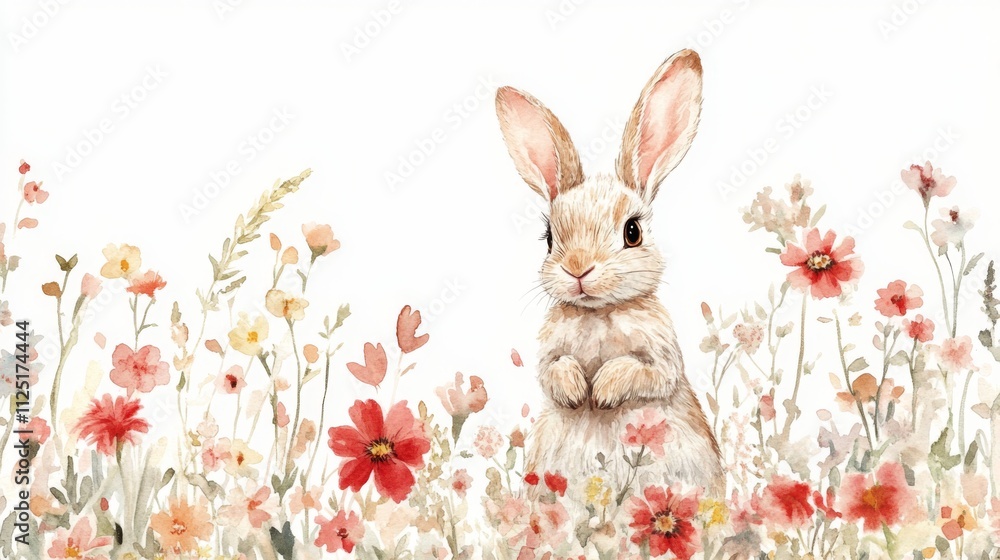 Obraz premium Adorable Watercolor Bunny in a Floral Meadow