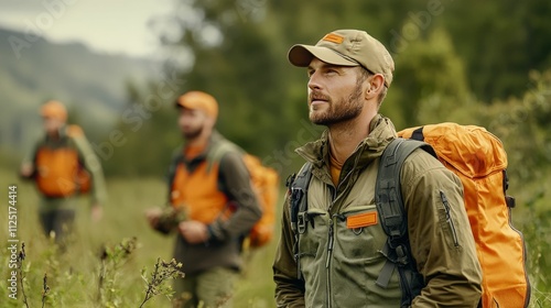 forestry industry concept. Hunters exploring a lush landscape, showcasing outdoor adventure and teamwork. photo