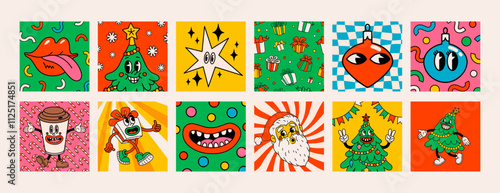 Retro style Christmas mini cards or stickers with groovy Christmas characters and objects. Ideal for Christmas and New Year sticker designs and decorations, vector illustration