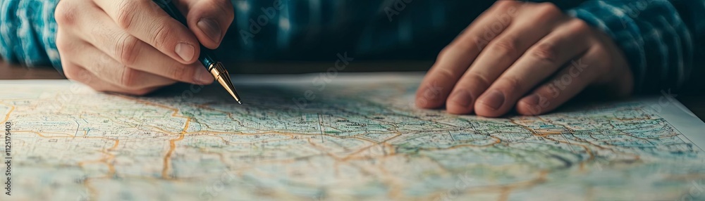 A person tracing a route on a detailed map with a pencil. A person tracing a route on a detailed map with a pencil.