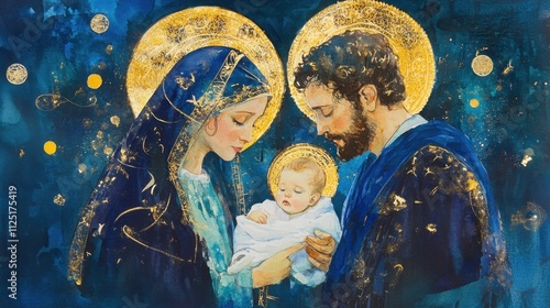 Watercolor depiction of Mary, Joseph, and baby Jesus, glowing halos and intricate details creating a serene, heavenly ambiance.