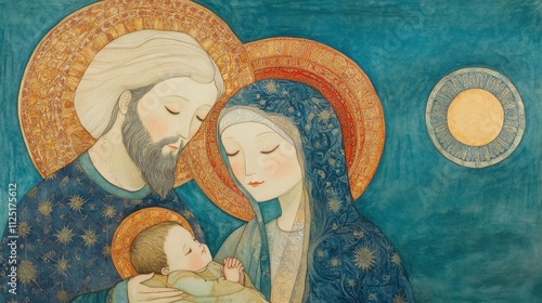 Watercolor depiction of Mary, Joseph, and baby Jesus, glowing halos and intricate details creating a serene, heavenly ambiance.