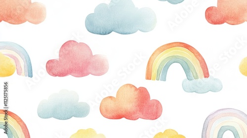 Watercolor Rainbow and Cloud Pattern for Kids Room