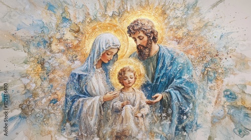 Watercolor painting of the Holy Family with glowing halos, surrounded by radiant, detailed strokes and heavenly peace.