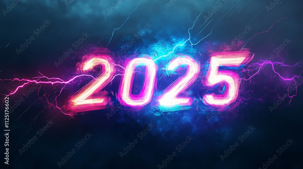 Obraz premium 2025: Neon Storm - Futuristic, energetic, vibrant, electrifying, new year. Symbolizing change, power, innovation, and the future.