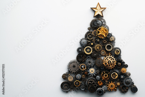 Unique Christmas tree design made from gears and cogs for holiday decoration. Generative AI