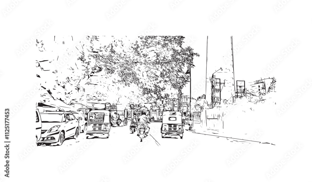 Building view with landmark of Varanasi is the city in India. Hand drawn sketch illustration in vector.