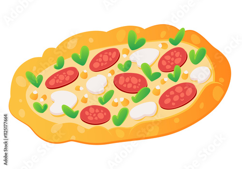 Pizza hot Italian fast food. Italian takeaway food. Snack with salami, mozzarella cheese, greens, spinach, or arugula top view. Vector flat illustration drawn by hand isolated on white background