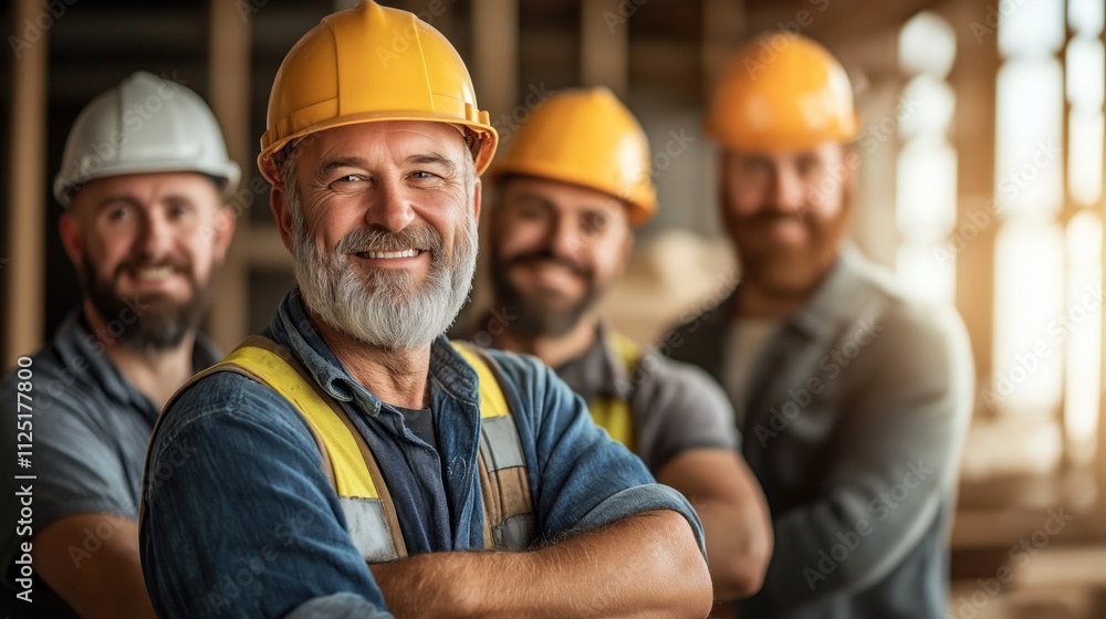 group of experienced construction workers stands confidently at a building site, smiling and showcasing teamwork as the morning sun casts a warm glow on their faces group of experienced construction workers stands confidently at a building site, smiling and showcasing teamwork as the morning sun casts a warm glow on their faces