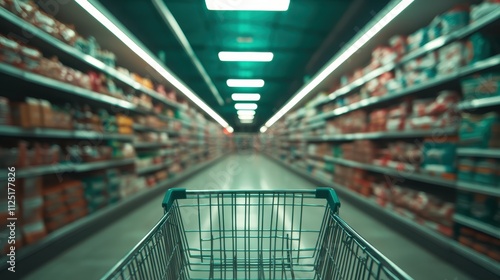 An all-encompassing view of a shopping cart placed centrally in a brightly lit grocery store aisle with shelves filled with various products in organized rows. photo