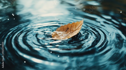 A solitary brown leaf sails across a textured water surface, generating splashes and ripples, representing solitude, nostalgia, and the cycles of nature. photo