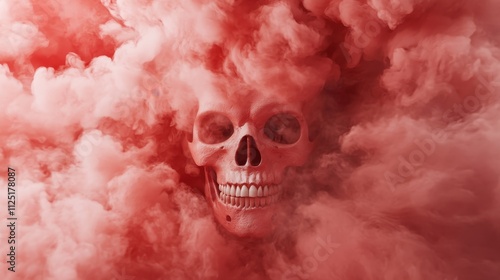 A ghostly skull shrouded in swirling red smoke creates an intriguing image that invokes themes of mystery, horror, and the supernatural to the viewer. photo