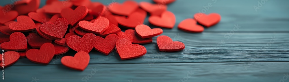 Obraz premium Colorful red hearts scattered on a wooden surface, symbolizing love and affection.