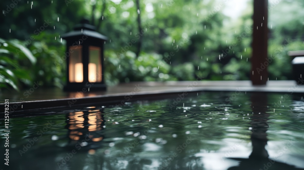 Raindrops fall gently around a softly lit lantern placed on a wooden deck, creating a peaceful and reflective atmosphere, perfect for quiet contemplation. Raindrops fall gently around a softly lit lantern placed on a wooden deck, creating a peaceful and reflective atmosphere, perfect for quiet contemplation.