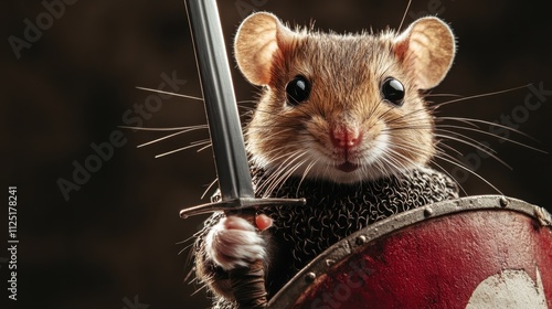 The delightful image features a mouse in chainmail, holding a sword and a painted shield, embodying the spirit of adventure, courage, and imagination. photo