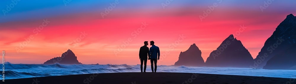 Couple standing on beach at sunset, enjoying stunning coastal view and vibrant colors. Couple standing on beach at sunset, enjoying stunning coastal view and vibrant colors.