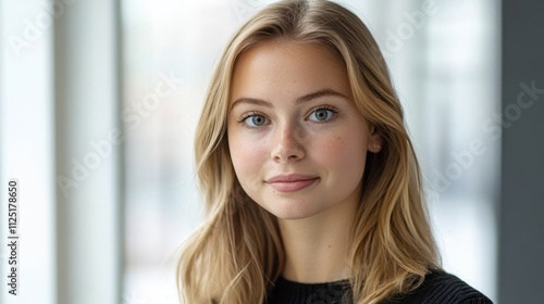 Portrait of a young woman with blonde hair, showcasing natural beauty and confidence in a bright, modern indoor setting with soft natural light illuminating her features. Free Download Portrait of a young woman with blonde hair, showcasing natural beauty and confidence in a bright, modern indoor setting with soft natural light illuminating her features. - GFXLoad