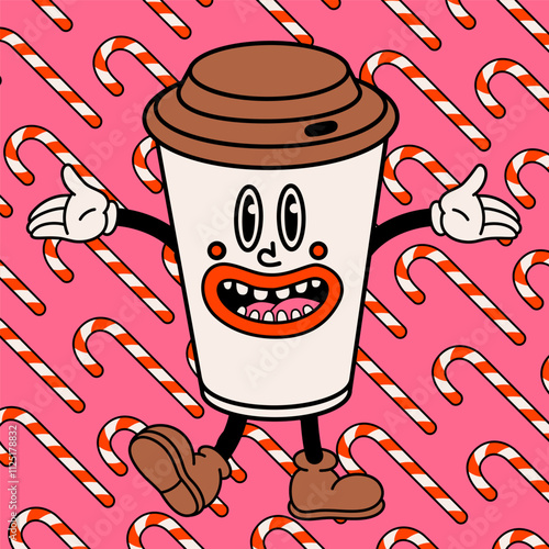 Groovy cartoon coffee cup with happy face, vintage funny paper cup on christm...