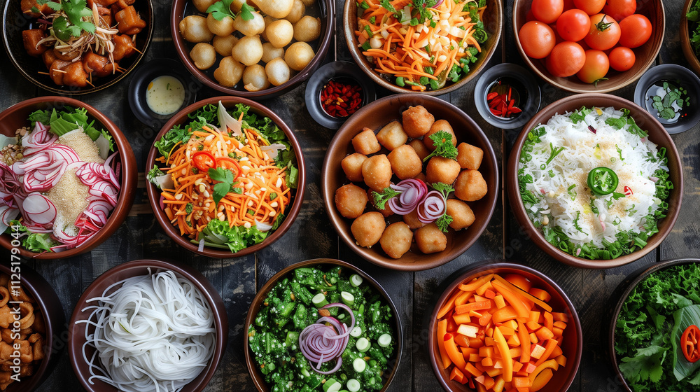 Colorful Vietnamese Street Food Selection in Bowls on Wooden Table Colorful Vietnamese Street Food Selection in Bowls on Wooden Table