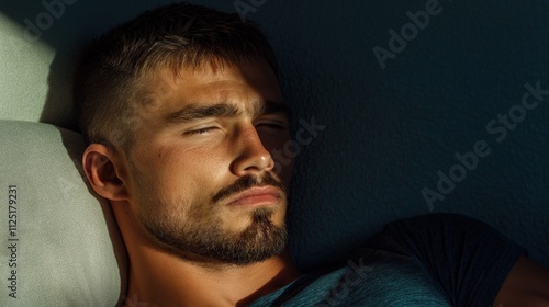 young man with a well-groomed beard lies on a couch, eyes closed, basking in gentle sunlight that streams through a nearby window, creating a tranquil atmosphere inside the room