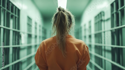 A woman in a plain orange uniform stands alone in a narrow hallway lined with metal bars on both sides, suggesting feelings of confinement and introspection. photo