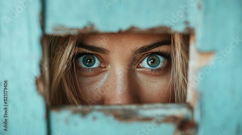 Striking blue eyes gaze piercingly through a gap in weathered wood, evoking curiosity and enigma with an artistic flair in its composition and light contrasts. photo