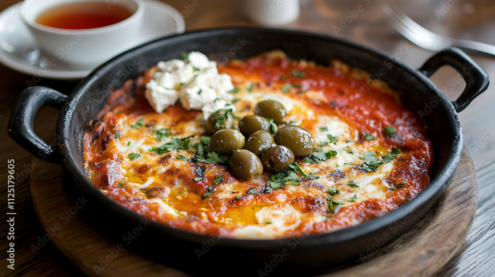Menemen dish with a side of olives, feta cheese, and a cup of Turkish tea Menemen dish with a side of olives, feta cheese, and a cup of Turkish tea