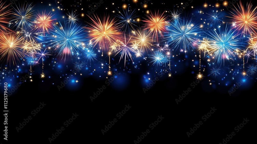 Fototapeta premium Bursting fireworks in shades of blue, gold, and orange against a starry black sky, symbolizing celebration, energy, and joy.
