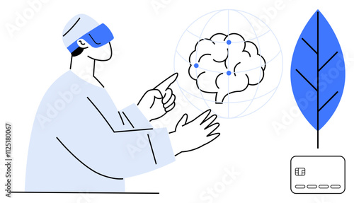 Person wearing virtual reality headset points at floating brain model with environmental and payment icons. Ideal for technology, healthcare, education, finance, environment, innovation, and VR