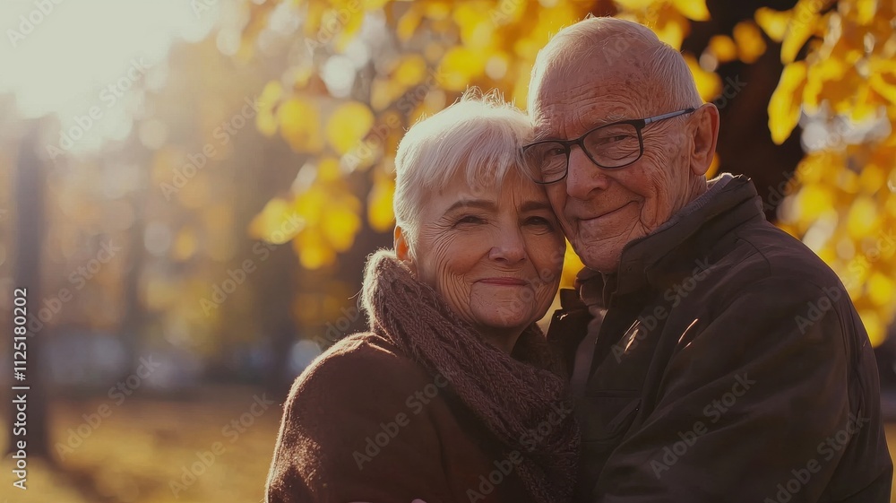 Elderly Couple Embracing in Autumn Park Elderly Couple Embracing in Autumn Park