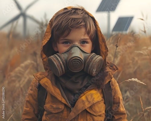 A child in a gas mask protects herself from the toxic environment during a disaster photo