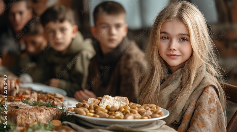 group of children gathers around a long table filled with various dishes. One girl smiles while holding a plate of food, creating a warm atmosphere of celebration and camaraderie group of children gathers around a long table filled with various dishes. One girl smiles while holding a plate of food, creating a warm atmosphere of celebration and camaraderie
