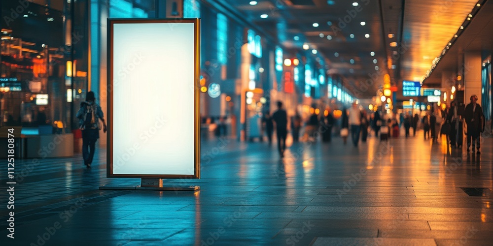 Striking Blue Neon-Lit Atrium at Night with Empty Advertisement Board and Urban Reflections Striking Blue Neon-Lit Atrium at Night with Empty Advertisement Board and Urban Reflections