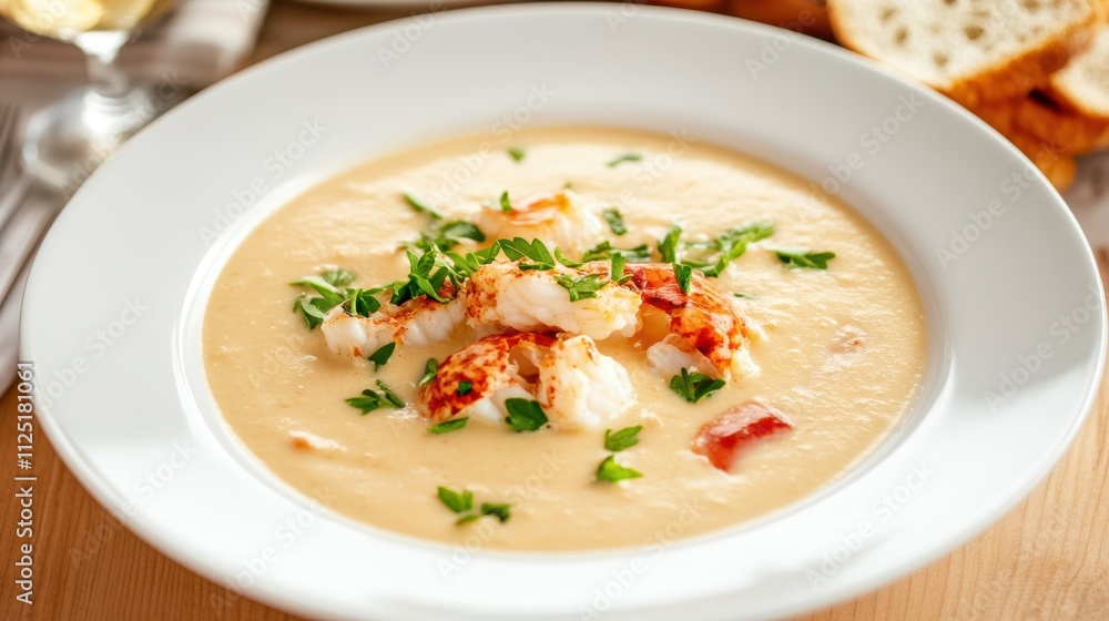 A creamy lobster bisque garnished with fresh parsley served in an elegant white bowl, creating a sophisticated gourmet dining experience. A creamy lobster bisque garnished with fresh parsley served in an elegant white bowl, creating a sophisticated gourmet dining experience.