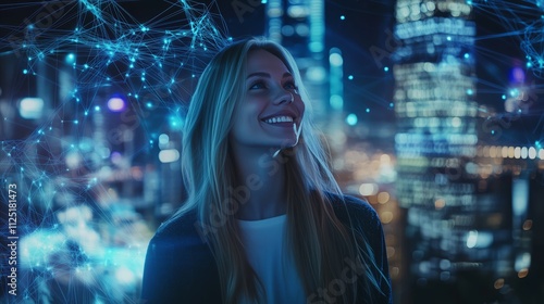 Woman is smiling in front of a city skyline