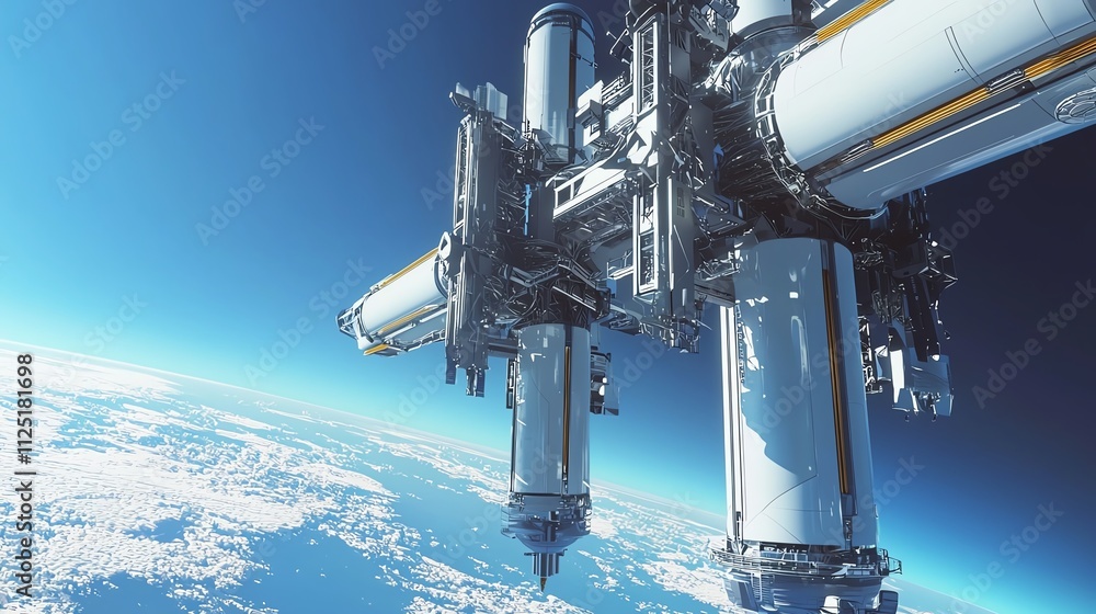 Futuristic space station orbiting Earth with stunning views of the planet below. Futuristic space station orbiting Earth with stunning views of the planet below.
