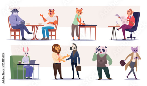 Animals human bodies. Business characters dialogues managers talking exact vector anthropomorphic characters