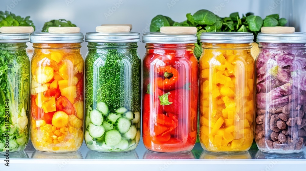 Colorful jars of preserved vegetables arranged neatly in a refrigerator, featuring vibrant peppers, cucumbers, and leafy greens. Colorful jars of preserved vegetables arranged neatly in a refrigerator, featuring vibrant peppers, cucumbers, and leafy greens.