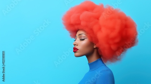 model presents an eye-catching style with voluminous red hair while wearing a blue outfit. bold color contrast creates a dynamic visual effect, enhancing fashion creativity