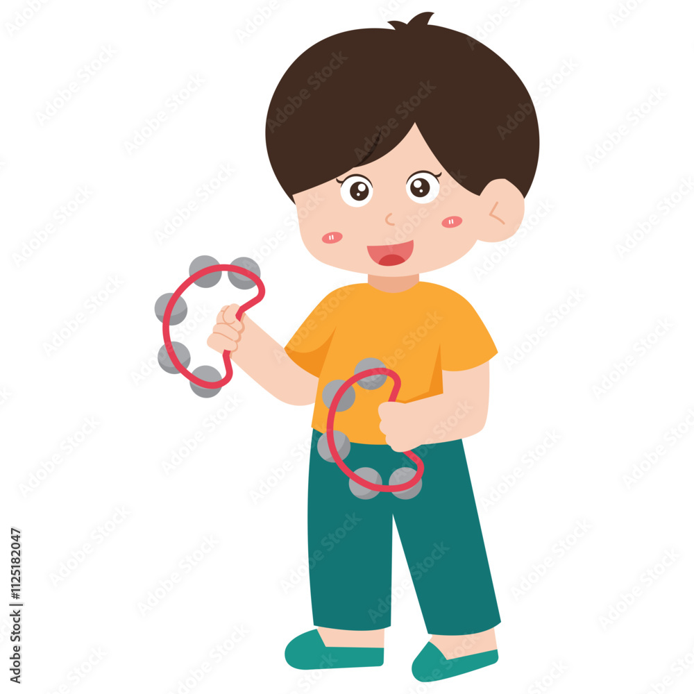 Cartoon Boy Playing Tambourine Illustration Cartoon Boy Playing Tambourine Illustration