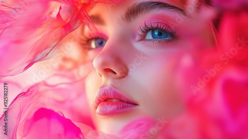 young woman gazes thoughtfully, her face beautifully surrounded by bright pink petals. soft light highlights her striking blue eyes and delicate features, creating a dreamy atmosphere